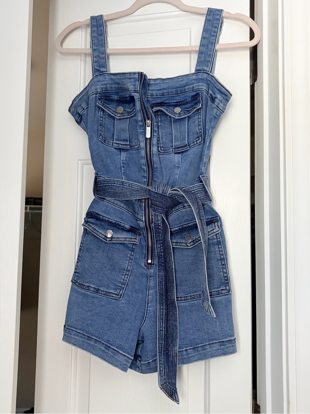 G by Guess Blue Denim Zip Romper with Utility Pockets